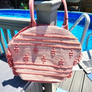 Straw Fringe Tote Handbag - Shade  & Shore Mauve